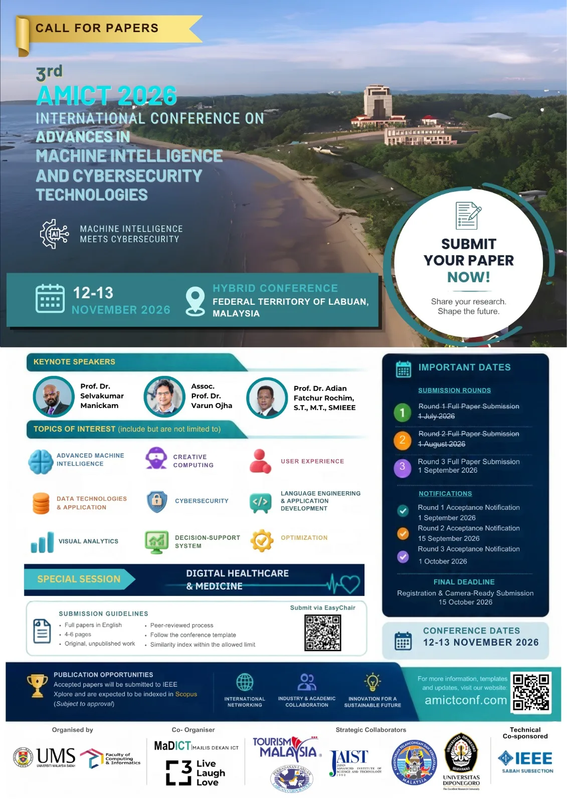 Official call for papers for AMICT 2026, the 3rd International Conference on Advances in Machine Intelligence and Cybersecurity Technologies, 12-13 November 2026 in Labuan, Malaysia — listing keynote speakers, topics of interest, submission deadlines and organisers
